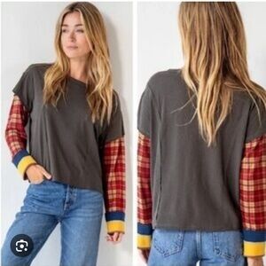 Natural Life Groovy Plaid Sleeve TShirt Size Large